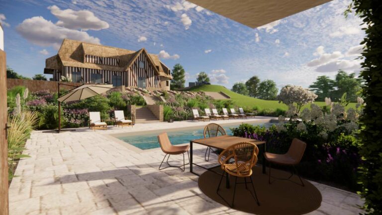 Aménagement extérieur villa Pays d'Auge avec piscine - Natur'a Vivre aménagement paysager