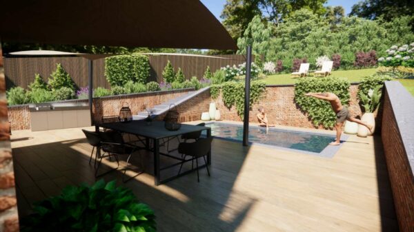 Création d'un espace piscine et entourage en murs briques pour soutien du terrain - Natur'a Vivre aménagement paysager
