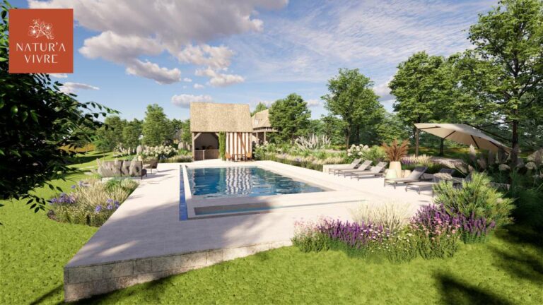 Espace piscine en pierre avec suivi de pente - Natur'a Vivre aménagement paysager
